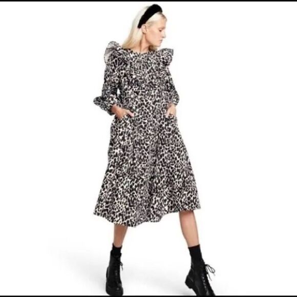 Sandy Liang Target Leopard Print Long Sleeve Midi Dress Ruffle Size Small NWT - Picture 1 of 14